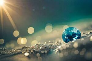 a blue diamond on a table with a bright light behind it. AI-Generated photo