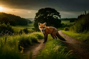 a fox stands on a dirt road in the middle of a field. AI-Generated photo