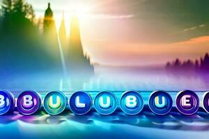 the word bubblebuzzed in front of a lake. AI-Generated photo