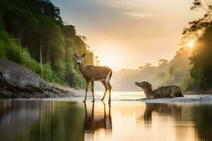 two deer standing in the water at sunset. AI-Generated photo