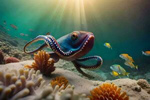 an octopus swimming in the ocean with coral and fish. AI-Generated photo