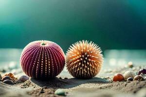 two sea urchins on the beach with shells. AI-Generated photo