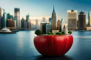 an apple with a city on top of it in front of a city. AI-Generated photo