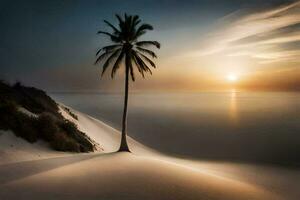 un solitario palma árbol soportes en un arena duna a puesta de sol. generado por ai foto