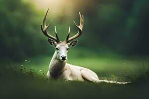 a white deer with antlers laying down in the grass. AI-Generated photo