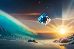 a diamond floating in the ocean with the sun behind it. AI-Generated photo