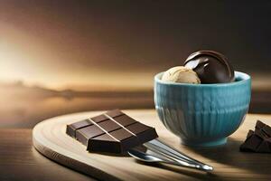 chocolate ice cream in a cup with a spoon and chocolate pieces. AI-Generated photo