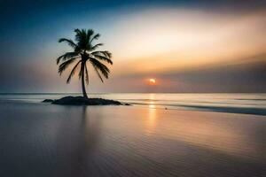 a lone palm tree stands on a small island in the ocean at sunset. AI-Generated photo