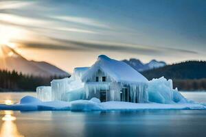 an iceberg floats in the water with a house in the background. AI-Generated photo