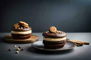 two chocolate cupcakes with nuts and cinnamon on a plate. AI-Generated photo