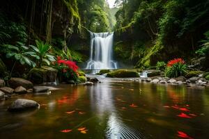 the waterfall is surrounded by red flowers and rocks. AI-Generated photo