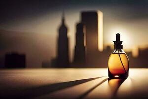 a bottle of perfume sitting on a table in front of a city skyline. AI-Generated photo
