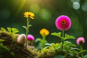 two eggs are sitting on a mossy ground with flowers. AI-Generated photo