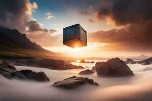 a box floating in the air over rocks. AI-Generated photo