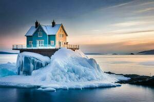 a house on an iceberg in the middle of the ocean. AI-Generated photo