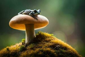 a frog sits on top of a mushroom. AI-Generated photo