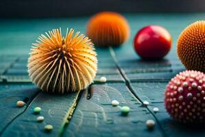 a group of colorful spiky balls on a wooden table. AI-Generated photo