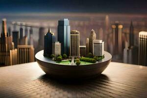 a miniature city in a bowl on top of a table. AI-Generated photo