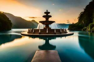 a fountain in the middle of a lake at sunset. AI-Generated photo