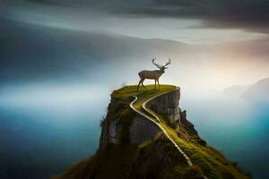 a deer stands on top of a cliff overlooking the ocean. AI-Generated photo