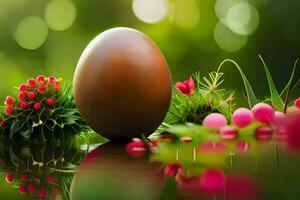 a chocolate egg is surrounded by flowers and berries. AI-Generated photo