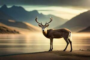 a deer stands in front of a lake with mountains in the background. AI-Generated photo