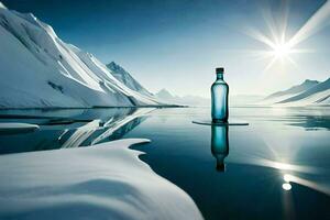 a bottle of water sits on the ice in front of mountains. AI-Generated photo