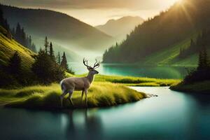 un ciervo soportes en el medio de un lago en el montañas. generado por ai foto