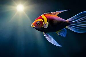 un pescado con brillante colores en el oscuro. generado por ai foto