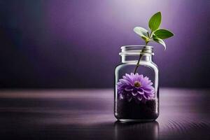 a purple flower is in a jar on a table. AI-Generated photo