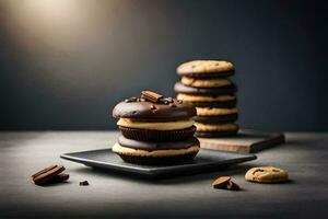 a stack of chocolate cookies on a black plate. AI-Generated photo