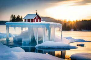 un pequeño rojo casa se sienta en parte superior de un hielo cubierto lago. generado por ai foto