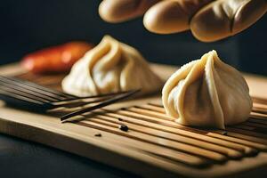 a person holding a dumpling on a wooden tray. AI-Generated photo