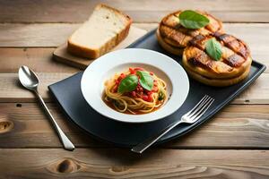 spaghetti with meatballs and bread on a wooden table. AI-Generated photo