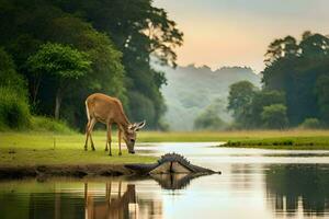 a deer and an alligator in the water. AI-Generated photo