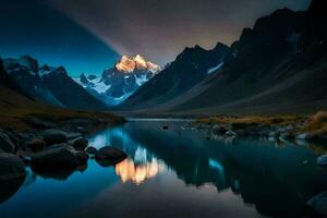 un montaña rango es reflejado en un lago a noche. generado por ai foto