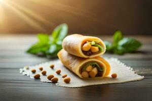 chicken and chickpea roll ups on a wooden table. AI-Generated photo