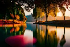 photo wallpaper the sky, trees, water, trees, lake, trees, autumn, the sun. AI-Generated