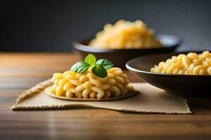 un cuenco de pasta con un hoja en cima. generado por ai foto