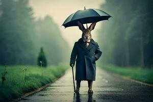 a rabbit wearing a suit and holding an umbrella. AI-Generated photo