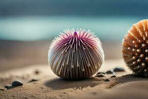 two sea urchins on the beach. AI-Generated photo