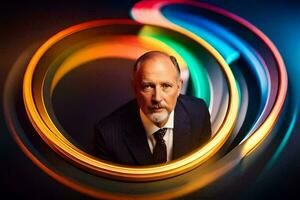 a man in a suit and tie is surrounded by colorful rings. AI-Generated photo