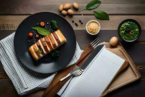 un plato con comida y un bloc en un de madera mesa. generado por ai foto