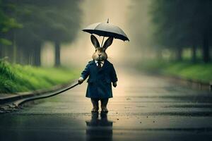 a rabbit in a suit and tie holding an umbrella. AI-Generated photo