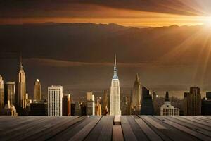 the sun rises over the city skyline. AI-Generated photo