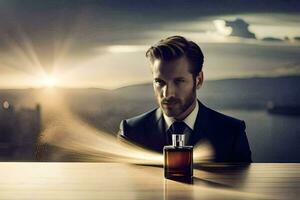 a man in a suit holding a bottle of perfume. AI-Generated photo