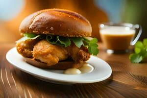 a chicken sandwich on a bun with a side of sauce. AI-Generated photo
