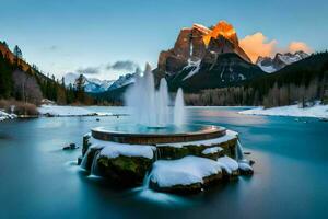 a fountain in the middle of a lake surrounded by snow. AI-Generated photo