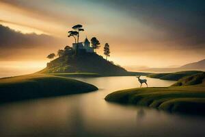 a deer stands on a hill overlooking a lake. AI-Generated photo