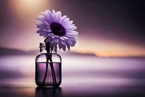 purple flower in a vase on a table with a sunset in the background. AI-Generated photo